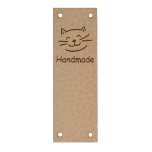 Naszywka z ekoskóry składana Kotek "Handmade" (beż 20x60mm) 