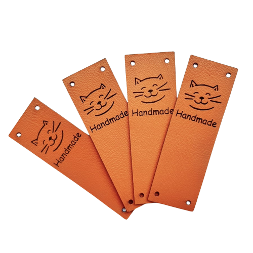 Metki z ekoskóry 4szt składane Kotek "Handmade" (brąz 20x60mm)