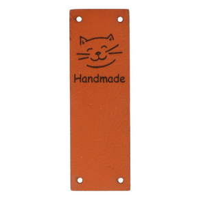 Metka z ekoskóry składana Kotek "Handmade" (brąz 20x60mm)